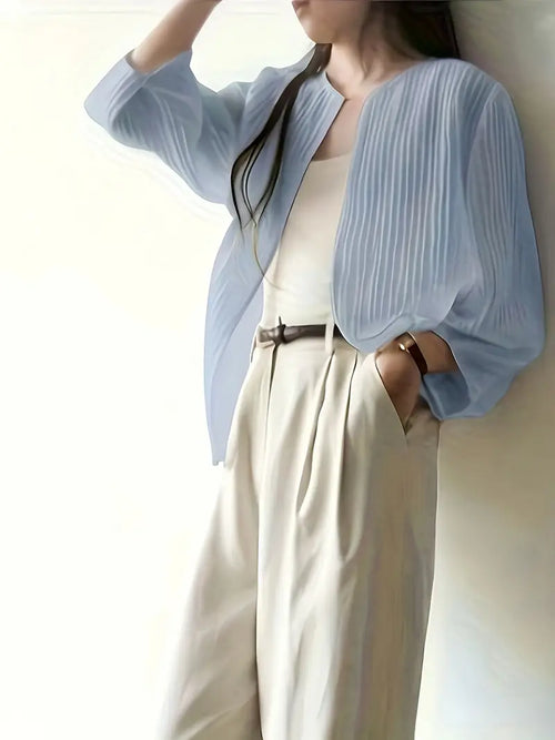 Elegant pleated vertical stripe half-sleeve shirt