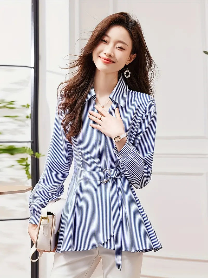 Elegant women's striped lace-up long-sleeved blouse