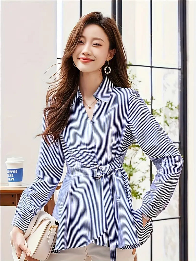 Elegant women's striped lace-up long-sleeved blouse