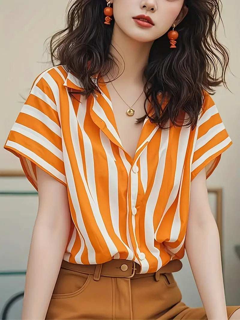 Orange striped button-down short-sleeved shirt