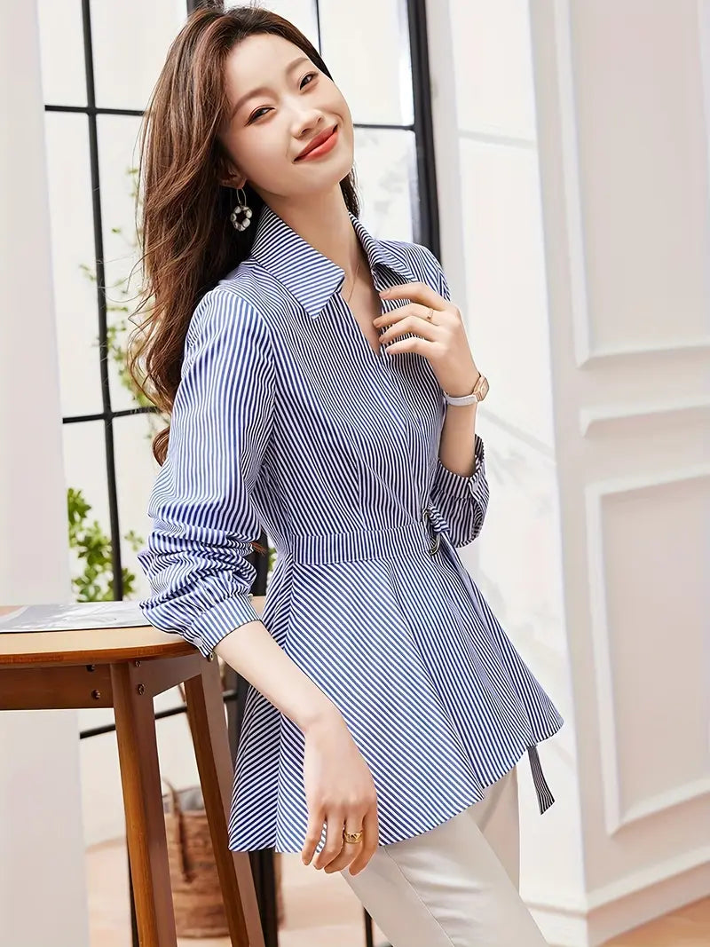Elegant women's striped lace-up long-sleeved blouse