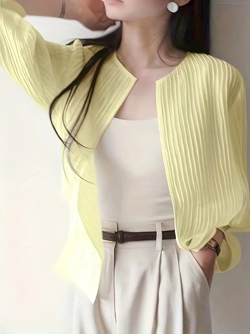 Elegant pleated vertical stripe half-sleeve shirt