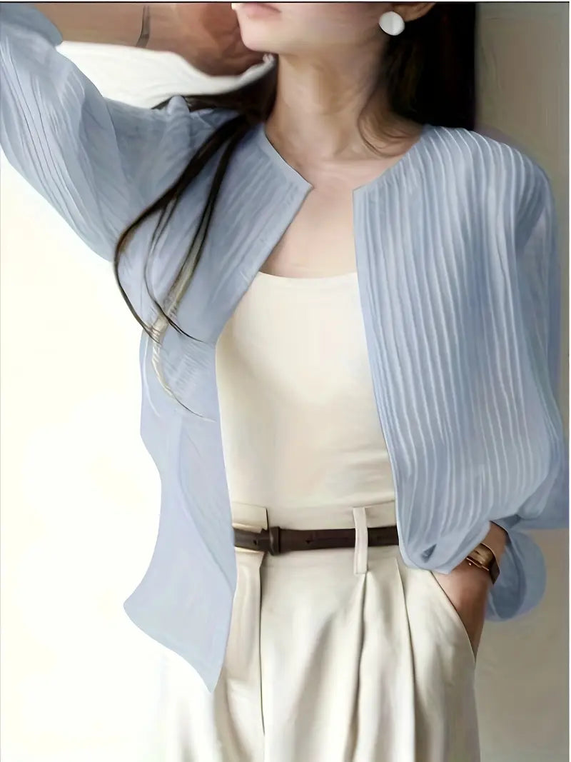 Elegant pleated vertical stripe half-sleeve shirt