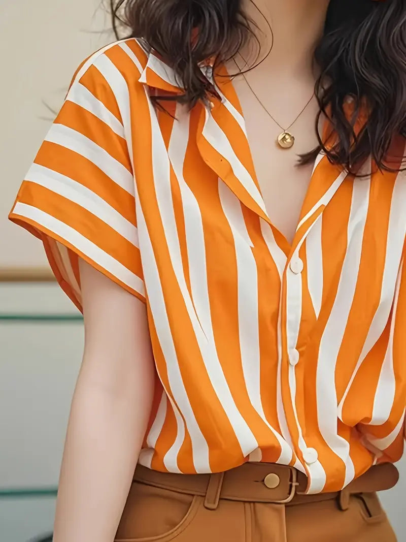 Orange striped button-down short-sleeved shirt