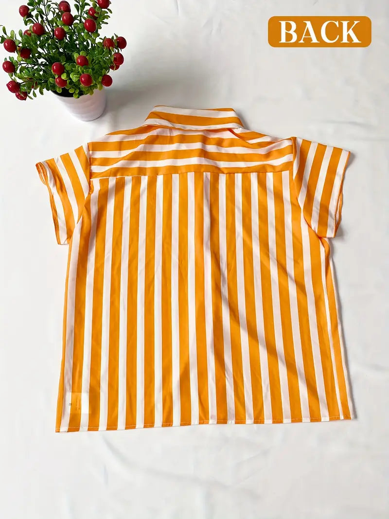 Orange striped button-down short-sleeved shirt