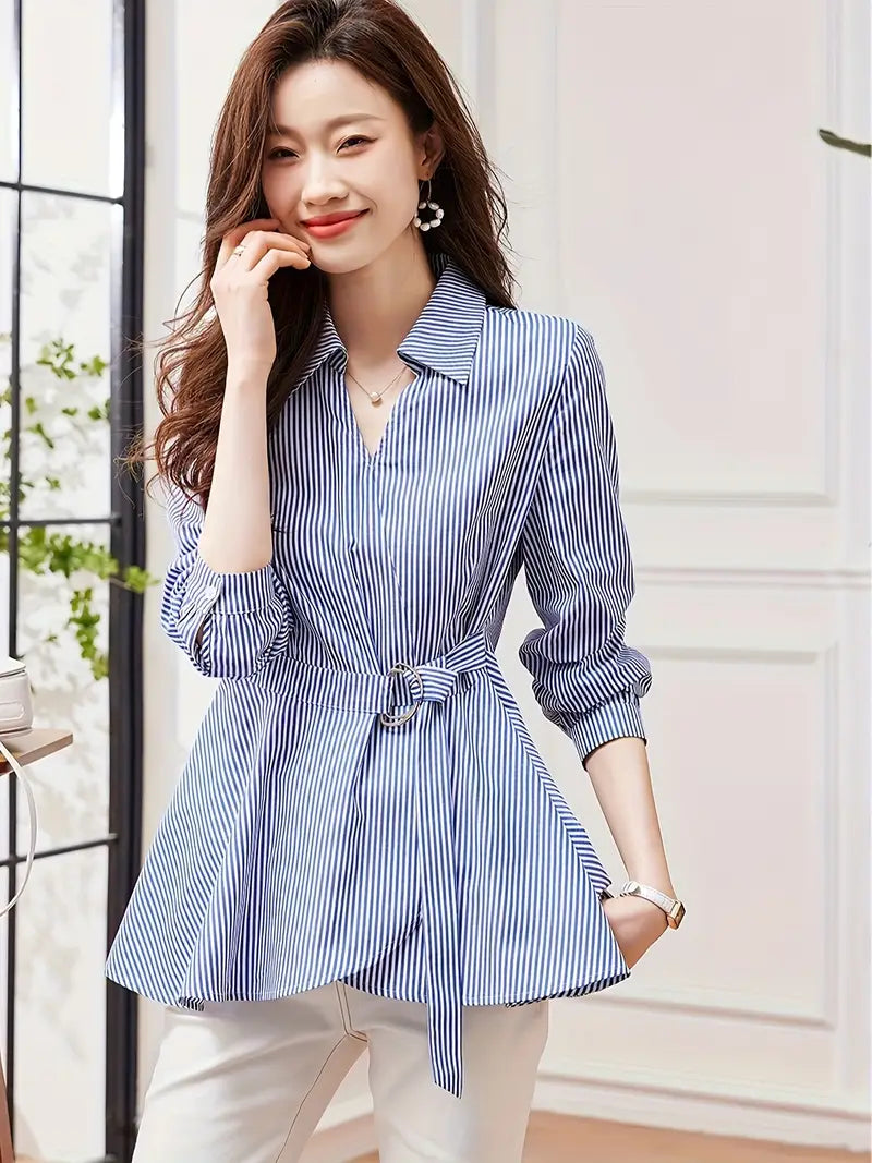 Elegant women's striped lace-up long-sleeved blouse